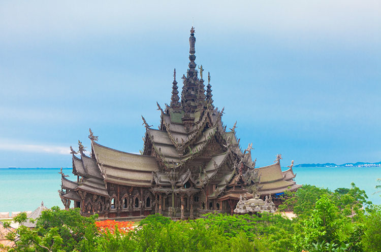 The wooden Sanctuary of Truth sitting on the beach in North Pattaya