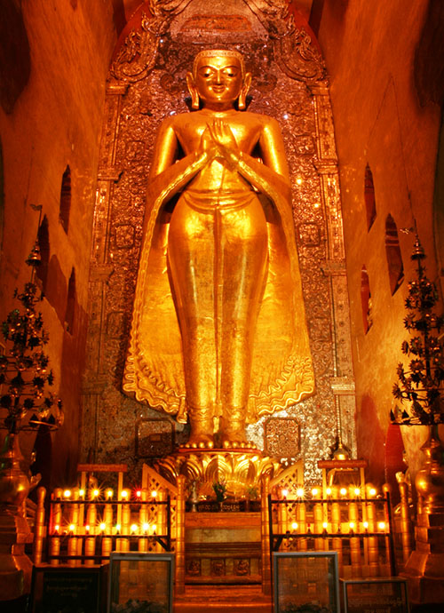One of the four 9½ meter tall standing Buddha images in the Ananda pagoda