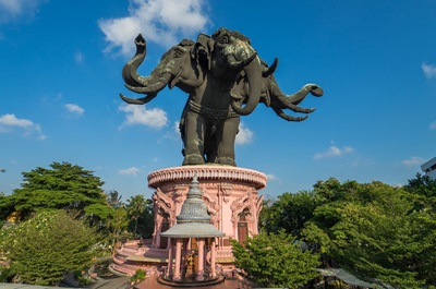 The huge statue of the elephant Erawan on top of the Erawan Museum