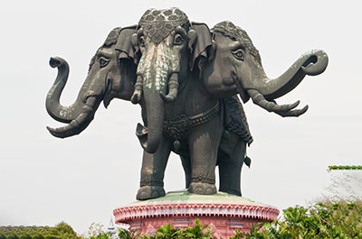 The massive statue of the three headed elephant Erawan on top of the Erawan Museum