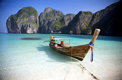 A longtail boat at Maya Bay, Phi Phi Islands