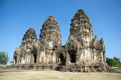 The three prangs of the ancient Khmer temple Phra Prang Sam Yot in Lopburi Town