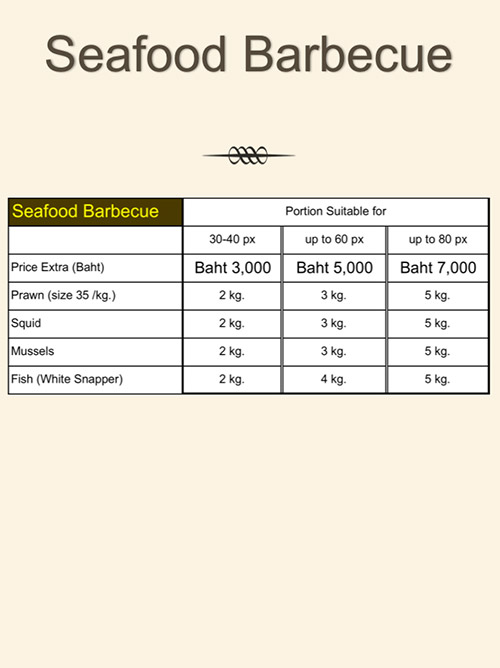 Seafood barbeque menu Sabai cruise