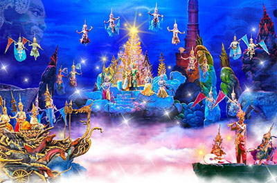 An impressive scene with visual effects on the stage of Siam Niramit Cultural Show Phuket