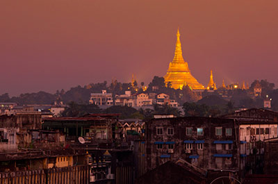 The illuminated Shwedagon pagoda in Yangon, Burma